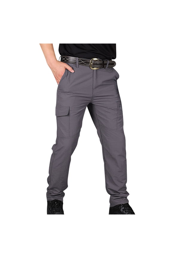 Men's Elastic Waist Cargo Pants Oversized Fit Solid Color Button Zipper Elastic Waist Trousers with Multi-Pockets Outdoor Waterproof Tooling Pants Gray L