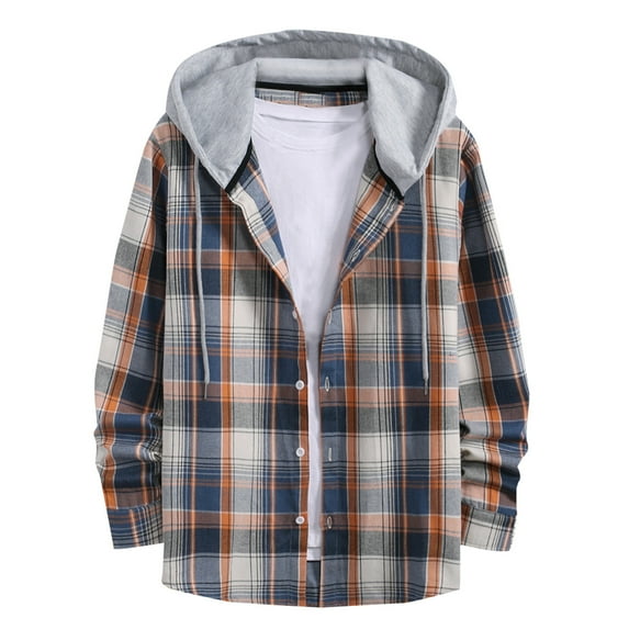 VSSSJ Men's Fake Two-Piece Hooded Coats Relaxed Fit Plaid Patchwork Button Down Long Sleeve Coat Fashion Hip Hop Style Comfortable Jacket Khaki02 L