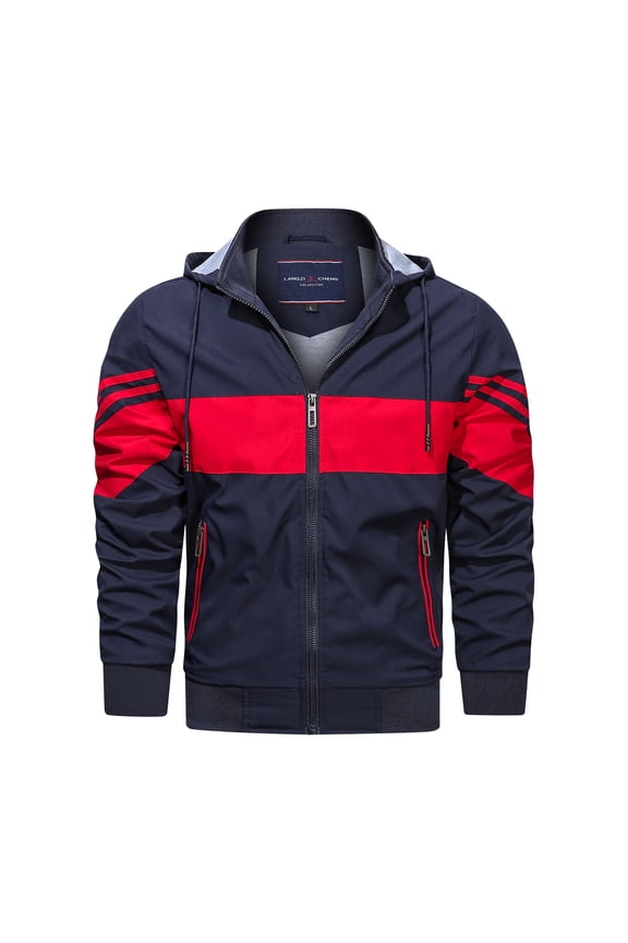 Men's Fall Winter Jacket Plus Size Long Sleeve Color Block Patchwork Zip Up Hooded Coats Fashion Warm Motorcycle Racer Jackets Dark Blue XXXL