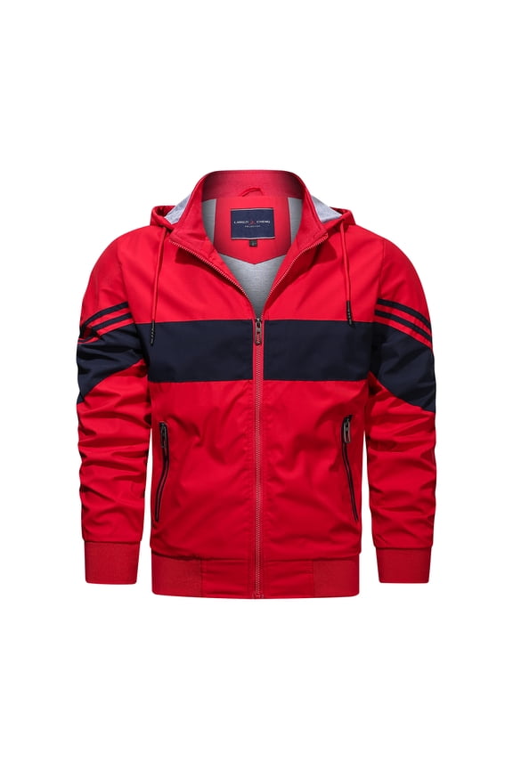 Men's Fall Winter Jacket Plus Size Long Sleeve Color Block Patchwork Zip Up Hooded Coats Fashion Warm Motorcycle Racer Jackets Red L