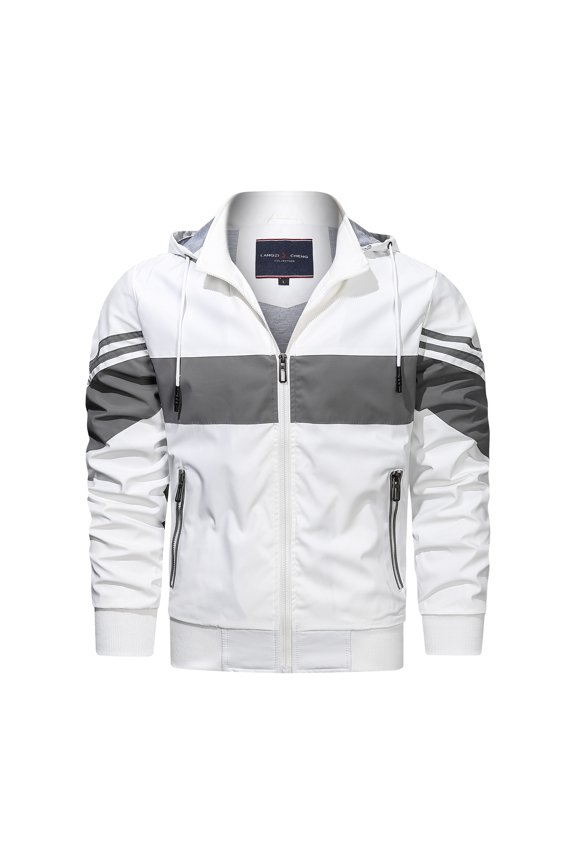 Men's Fall Winter Jacket Plus Size Long Sleeve Color Block Patchwork Zip Up Hooded Coats Fashion Warm Motorcycle Racer Jackets White XXL