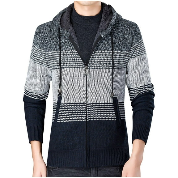 VSSSJ Men's Fall Winter Knit Coats Slim Fit Colorblock Patchwork Zip Up Long Sleeve Hooded Jacket Fashion Casual Baggy Comfortable Outwear Gray M