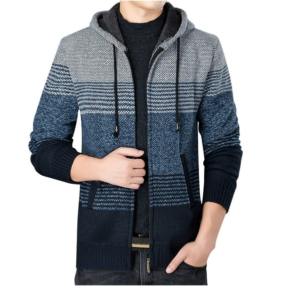 VSSSJ Men's Fall Winter Knit Coats Slim Fit Colorblock Patchwork Zip Up Long Sleeve Hooded Jacket Fashion Casual Baggy Comfortable Outwear Navy L