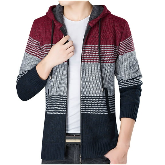 VSSSJ Men's Fall Winter Knit Coats Slim Fit Colorblock Patchwork Zip Up Long Sleeve Hooded Jacket Fashion Casual Baggy Comfortable Outwear Red XL