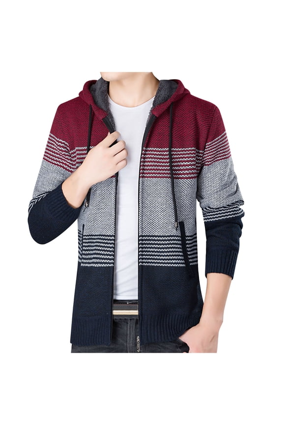 Men's Fall Winter Knit Coats Slim Fit Colorblock Patchwork Zip Up Long Sleeve Hooded Jacket Fashion Casual Baggy Comfortable Outwear Red XL