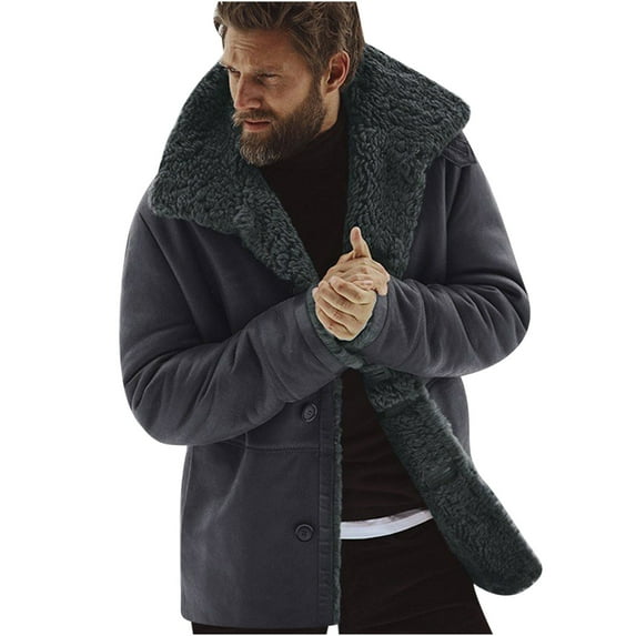 VSSSJ Men's Fall Winter Sheepshin Jacket Big and Tall Solid Color Button Down Long Sleeve Turndown Collar Lamb Jacket Fashion Mid Length Thermal Windproof Coats Gray M