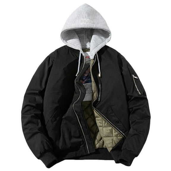 VSSSJ Men's Fashion Bomber Coat with Hooded Loose Fit Long Sleeve Solid Color Zip Up Jacket Casual Winter Warm Comfortable Assault Coats Black XXXL