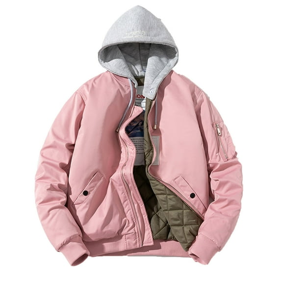 VSSSJ Men's Fashion Bomber Coat with Hooded Loose Fit Long Sleeve Solid Color Zip Up Jacket Casual Winter Warm Comfortable Assault Coats Pink M