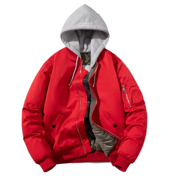 VSSSJ Men's Fashion Bomber Coat with Hooded Loose Fit Long Sleeve Solid Color Zip Up Jacket Casual Winter Warm Comfortable Assault Coats Red XXXXL