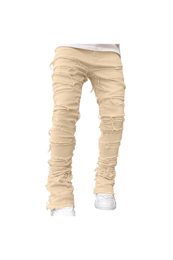 Men's Fashion Denim Pants Regular Fit Patch Design Solid Color Button Zipper Elastic Waist Trousers Comfy Street Style Pants with Multi-Pocket Khaki XL