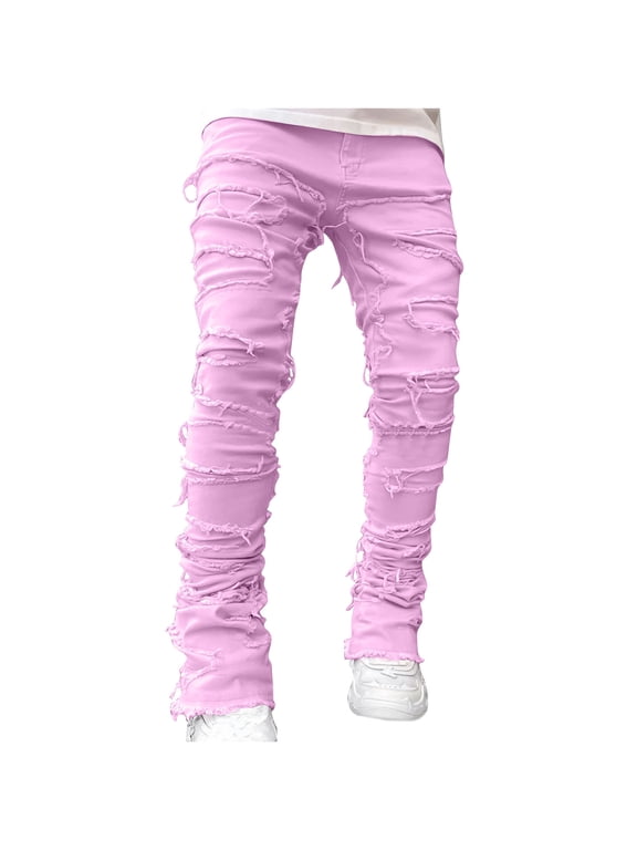 Men's Fashion Denim Pants Regular Fit Patch Design Solid Color Button Zipper Elastic Waist Trousers Comfy Street Style Pants with Multi-Pocket Pink S