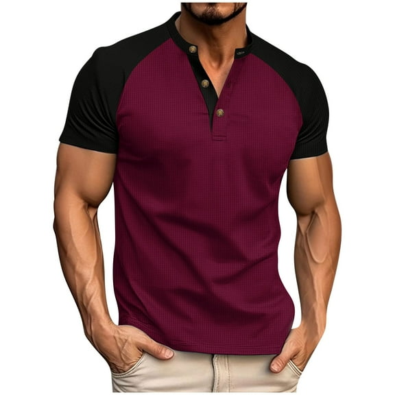 VSSSJ Men's Fashion Henley Shirts Color Block Short Sleeve Crew-Neck Lightweight Button Raglan T-Shirt Waffle Casual Summer Tee Tops Wine L