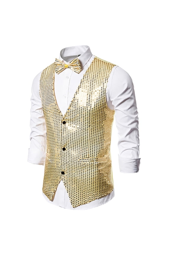 Men's Fashion Sequin Vest Slim Fit Shiny Solid Color Sleeveless V-Neck Button Down Blazer Jacket Comfortable Nightclub Stage Party Vest Gold XXL