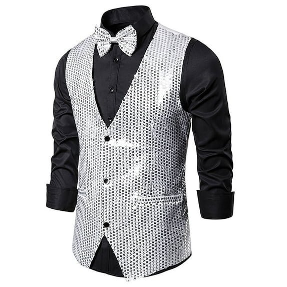 VSSSJ Men's Fashion Sequin Vest Slim Fit Shiny Solid Color Sleeveless V-Neck Button Down Blazer Jacket Comfortable Nightclub Stage Party Vest Silver M