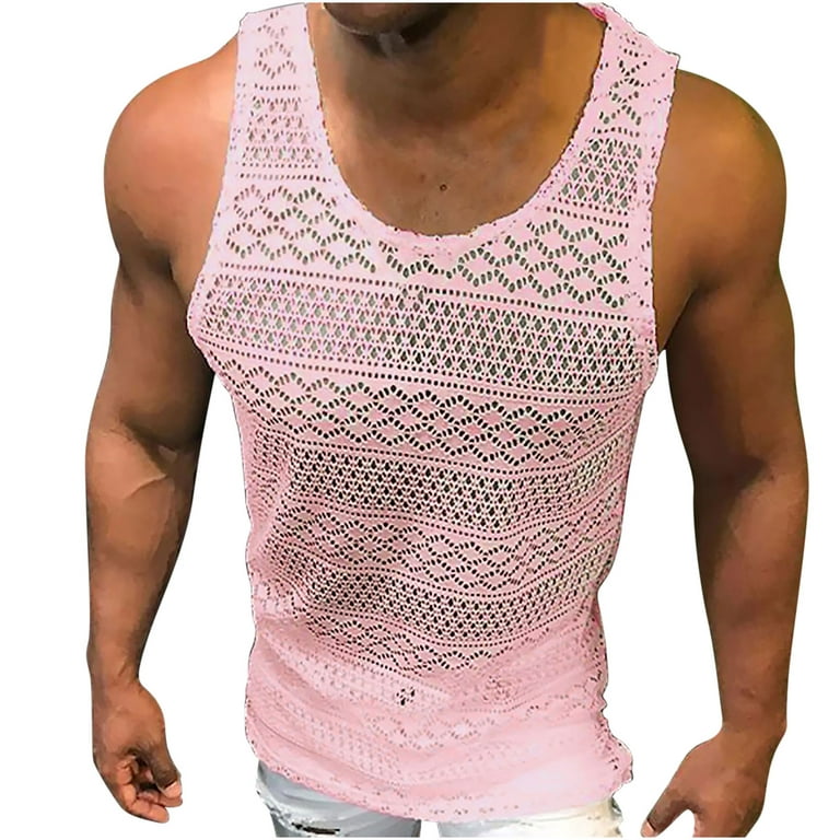 VSSSJ Men's Fashion Tank Top Loose Fit Cut-Out Knitted Solid Color  Sleeveless Round Neck Vest Summer Trendy Thin Breathable Tee Shirts Pink S