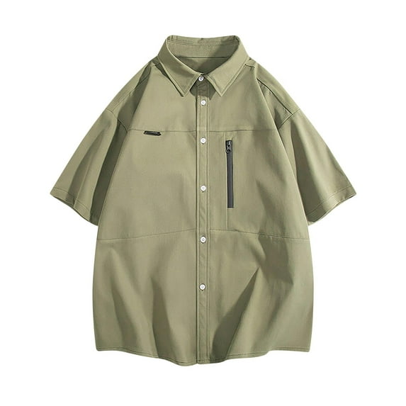 VSSSJ Men's Fishing Shirts with Zipper Pockets Loose Lightweight Short Sleeve Lapel Button Down Shirts for Men Casual Outdoor Hiking Shirt Green M