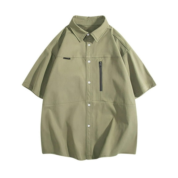 VSSSJ Men's Fishing Shirts with Zipper Pockets Loose Lightweight Short Sleeve Lapel Button Down Shirts for Men Casual Outdoor Hiking Shirt Green M