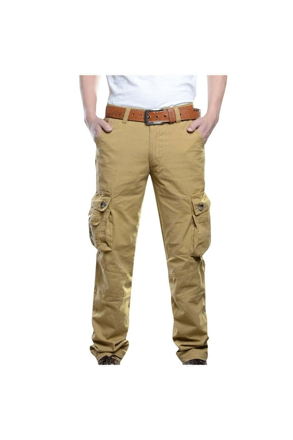 Men's Fleece Cargo Pants Relaxed Solid Color Elastic Waist Straight Washed Denim Pants Winter Thermal Outdoor Workout Pants with Multi-Pocket Khaki L