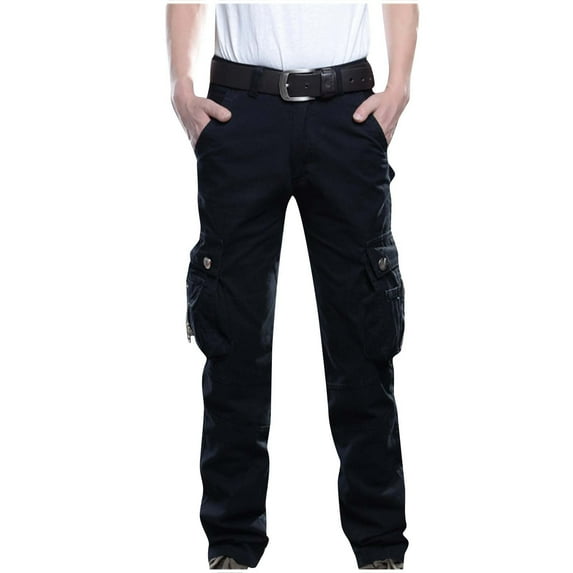 VSSSJ Men's Fleece Cargo Pants Relaxed Solid Color Elastic Waist Straight Washed Denim Pants Winter Thermal Outdoor Workout Pants with Multi-Pocket Black XL