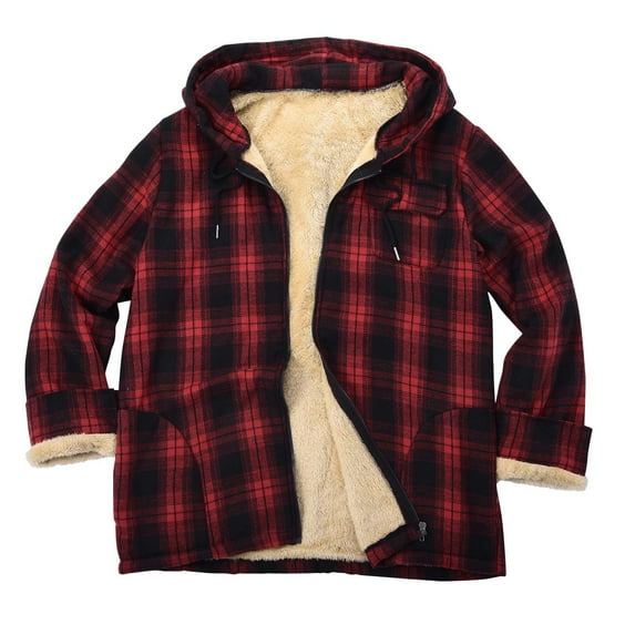 VSSSJ Men's Fleece Jacket with Hooded Regular Fit Plaid Print Zip Up Long Sleeve Thickening Coats with Pocket Fall Winter Thermal Comfy Outwear Red XL