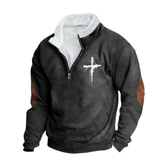 VSSSJ Men's Fleece Jackets Sweatshirts Vintage Quarter Zip Pullover Cross Graphic Print Casual Long Sleeve Stand Collar Country Sweatshirt Dark Gray L