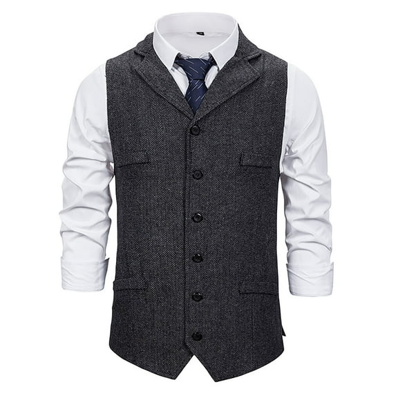 VSSSJ Men's Four Season Suit Vest Slim Fit Striped Button Down Sleeveless Lapel Collar Waistcoat Casual Stylish Wedding Party Vest with Pocket Black L