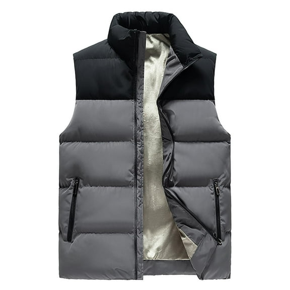 VSSSJ Men's Full-Zip Waistcoats Big and Tall Color Block Patchwork Sleeveless Stand Collar Vest with Pocket Fashion Thermal Winter Jacket Gray L
