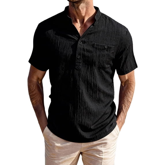 VSSSJ Men's Henley Shirt Casual Short Sleeve Button Up Textured Shirts Banded Collar Solid Summer Beach Shirts Tops with Pocket Black M
