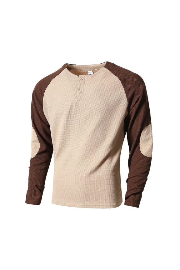 Men's Henley Shirt Crewneck Color Block Slim Fit Raglan Long Sleeve T Shirts Button Up Casual Baseball Tees Sweatshirts Tops Khaki S