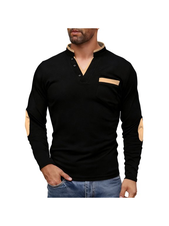 Men's Henley Shirt V Neck Button Long Sleeve T-Shirt Stand Collar Pocket Casual Lightweight Pullover Shirts with Elbow Patches Khaki L