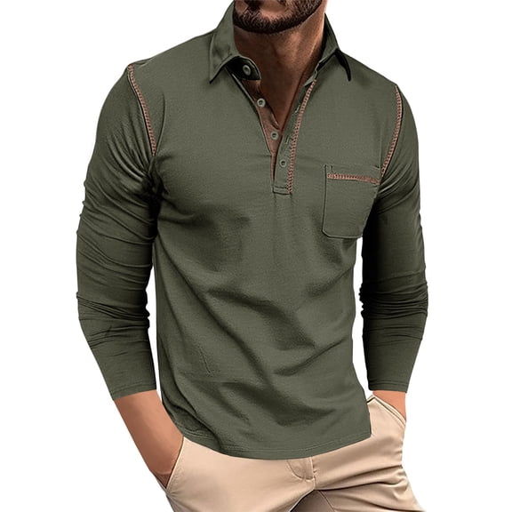 VSSSJ Men's Henley Shirts Button Long Sleeve Casual Lightweight Shirt Slim Fit Solid Lapel Basic Henley T-Shirt with Pocket Army Green M