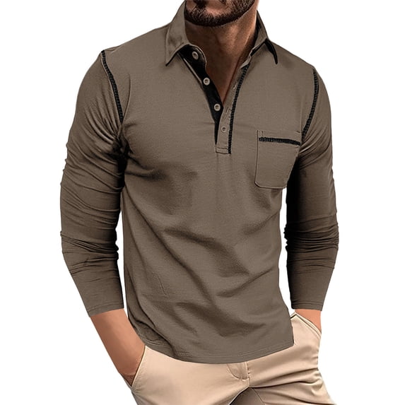 VSSSJ Men's Henley Shirts Button Long Sleeve Casual Lightweight Shirt Slim Fit Solid Lapel Basic Henley T-Shirt with Pocket Brown XL