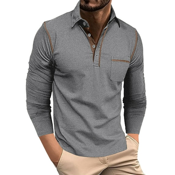 VSSSJ Men's Henley Shirts Button Long Sleeve Casual Lightweight Shirt Slim Fit Solid Lapel Basic Henley T-Shirt with Pocket Gray M