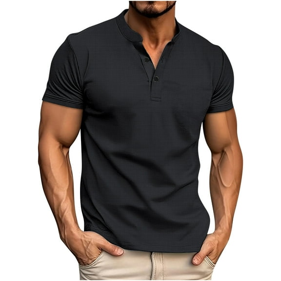 VSSSJ Men's Henley Shirts Casual Muscle Fit Button Up Short Sleeve T-Shirt Lightweight Crew Neck Cozy Solid Color Basic Henley Tees Black L