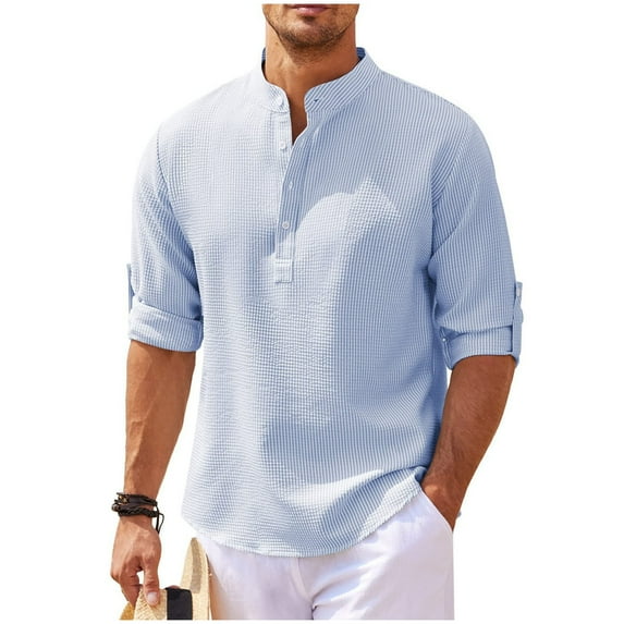 VSSSJ Men's Henley Shirts Casual Stand Collar Long Sleeve Button Up T Shirts Fashion Solid Color Loose Waffle Lightweight Pullover Shirts Light Blue XXXL