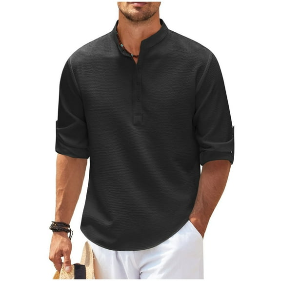 VSSSJ Men's Henley Shirts Casual Stand Collar Long Sleeve Button Up T Shirts Fashion Solid Color Loose Waffle Lightweight Pullover Shirts Black L