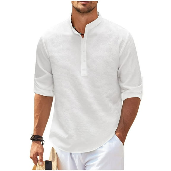VSSSJ Men's Henley Shirts Casual Stand Collar Long Sleeve Button Up T Shirts Fashion Solid Color Loose Waffle Lightweight Pullover Shirts White XXXXL