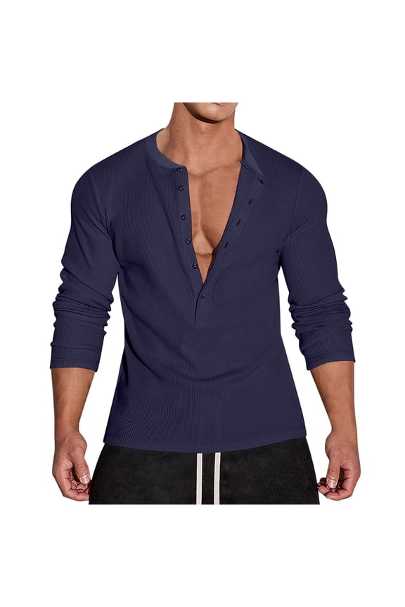 Men's Henley Shirts Long Sleeve T-Shirt Stylish Casual Button Up Crew Neck Slim Fit Stretch Muscle Gym Fitness Workout Tee Tops Navy L