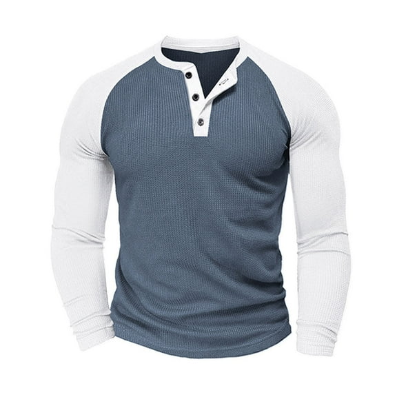 VSSSJ Men's Henley Shirts Raglan Long Sleeve Color Block Round Neck Button Waffle Casual Slim Fit Lightweight Fashion T-Shirts Navy M