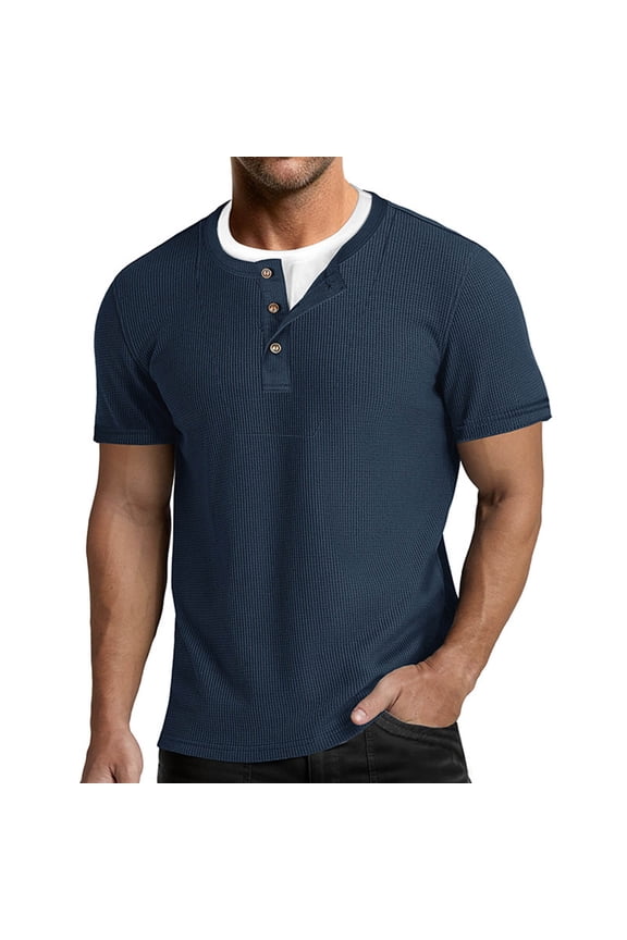 Men's Henley Shirts Short Sleeve Waffle Casual Basic Tees Tops Classic Button Crew Neck Summer Solid Breathable T-Shirts Navy XL