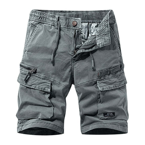 VSSSJ Men's Hiking Shorts Oversized Fit Multi Pockets Elastic Waist Drawstring Zipper Button Solid Color Cargo Shorts Casual Five Point Straight Shorts Gray 38