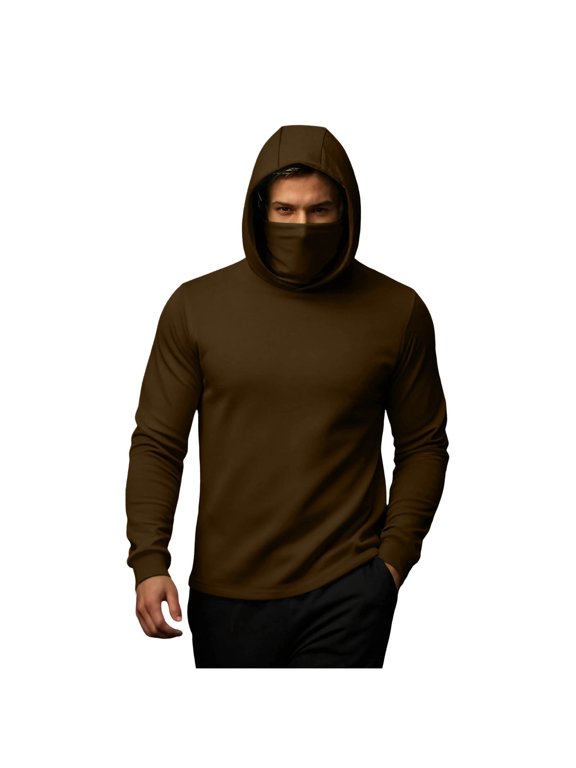 Men's Hoodies with Face Mask Long Sleeve Casual Hooded Warm Solid Color Sports Base Layer Tops Active Running Undershirt Coffee M