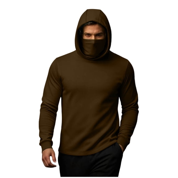 VSSSJ Men's Hoodies with Face Mask Long Sleeve Casual Hooded Warm Solid Color Sports Base Layer Tops Active Running Undershirt Coffee S