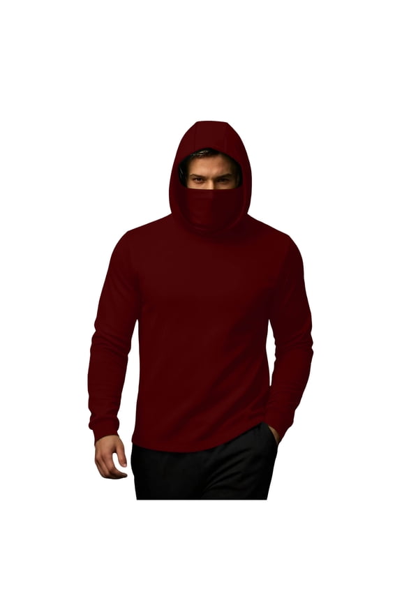 Men's Hoodies with Face Mask Long Sleeve Casual Hooded Warm Solid Color Sports Base Layer Tops Active Running Undershirt Wine L