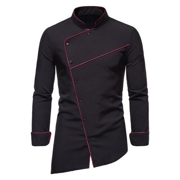 VSSSJ Men's Inclined Hem Long Sleeve Shirts Relaxed Color Block Patchwork Long Sleeve Button Down Stand Collar Shirt Fashion Comfortable T-Shirts Black M