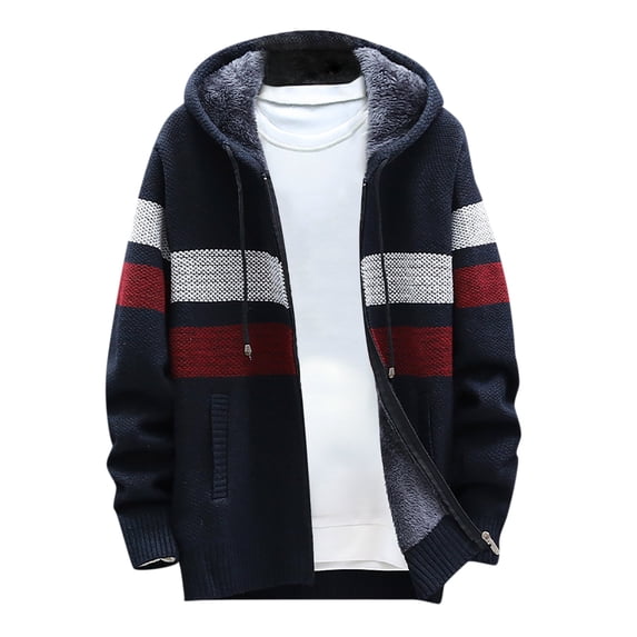 VSSSJ Men's Knit Cardigan Coats Relaxed Fit Color Block Patchwork Long Sleeve Zip Up Coats Fashion Comfy Warm Jacket with Hooded Navy L