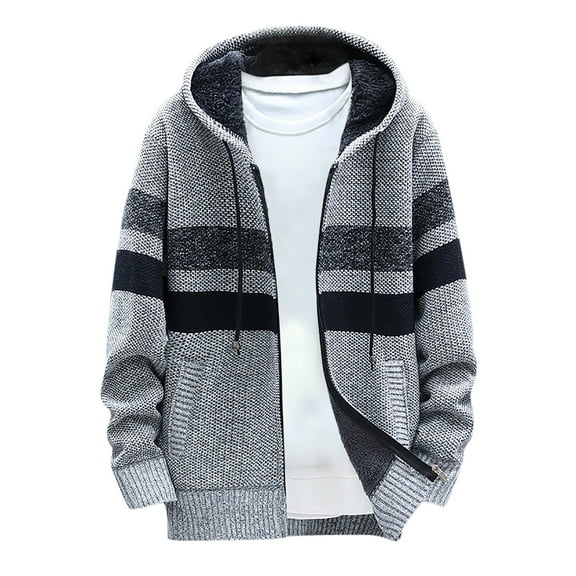 VSSSJ Men's Knit Cardigan Coats Relaxed Fit Color Block Patchwork Long Sleeve Zip Up Coats Fashion Comfy Warm Jacket with Hooded Gray XL