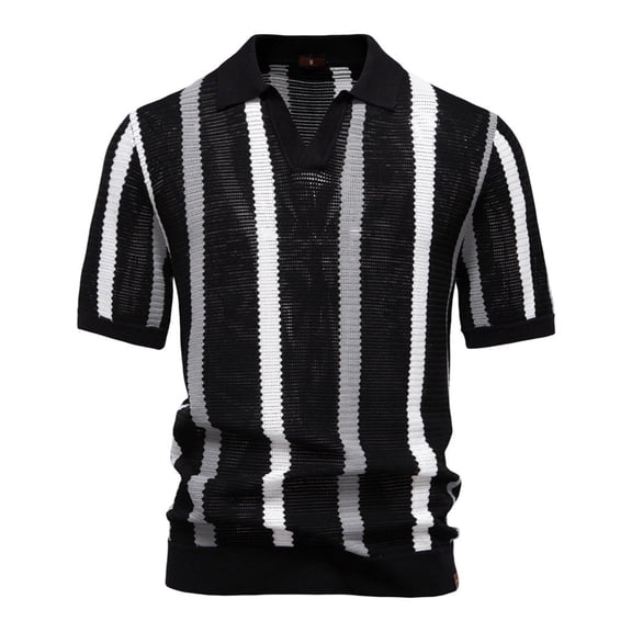 VSSSJ Men's Knit Shirt Short Sleeve Striped Vintage Golf T Shirts V Neck Collared Regular Fit Stylish Casual Summer Tee Shirts Black L