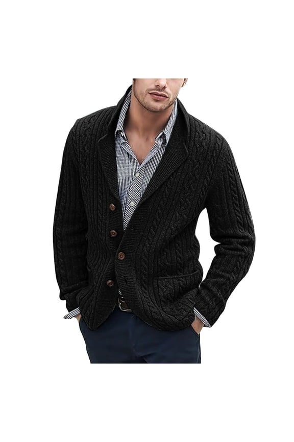 Men's Knit Sweater Oversized Fit Long Sleeve Solid Color Button Down Collared Cardigan Sweaters Leisure Stylish Cozy Tops with Pocket Black 4XL