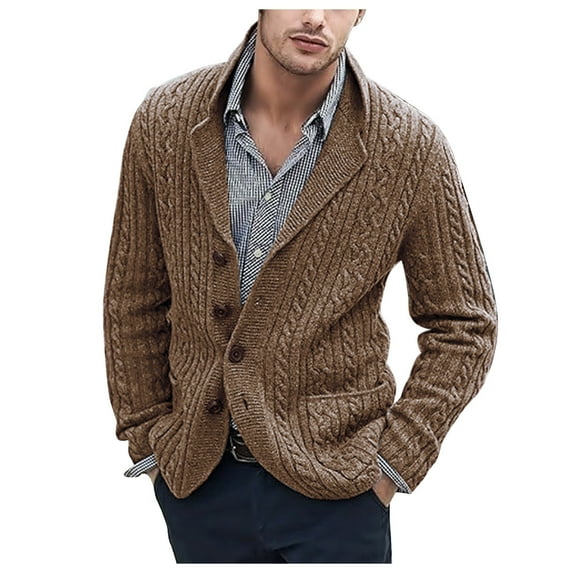 VSSSJ Men's Knit Sweater Oversized Fit Long Sleeve Solid Color Button Down Collared Cardigan Sweaters Leisure Stylish Cozy Tops with Pocket Brown 3XL